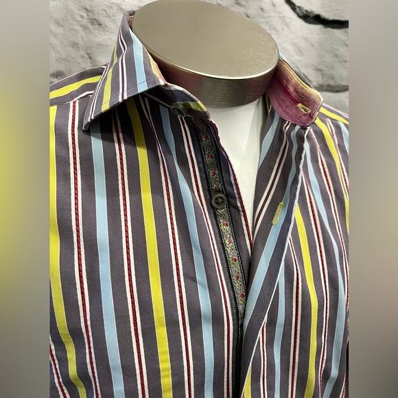 Robert Graham Colorful Striped Dress Shirt Grey Yellow Blue Button Down‎ Shirt - Picture 1 of 8